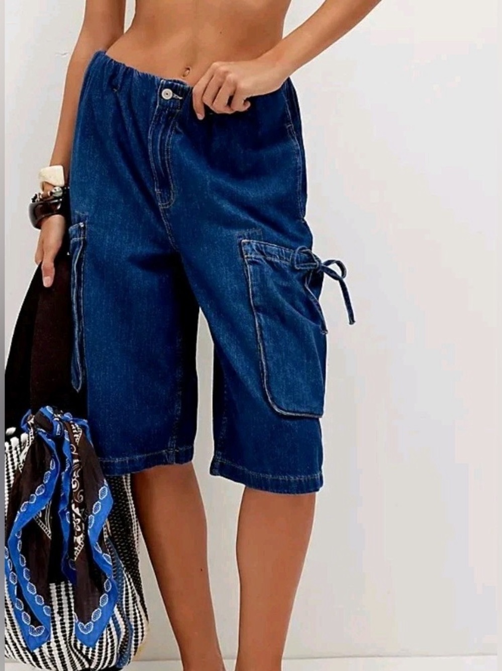 NWT Free People We The Free Marty Pull-On Crop / Cargo Denim Shorts - Picture 5 of 16